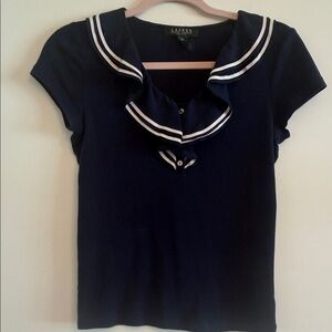 Lauren Ralph Lauren Navy Short Sleeve Ruffle Sailor Collar Top